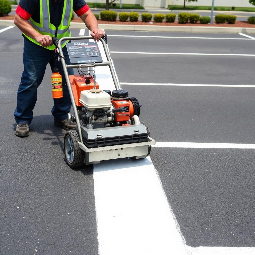 Crew member operating a line striping machine