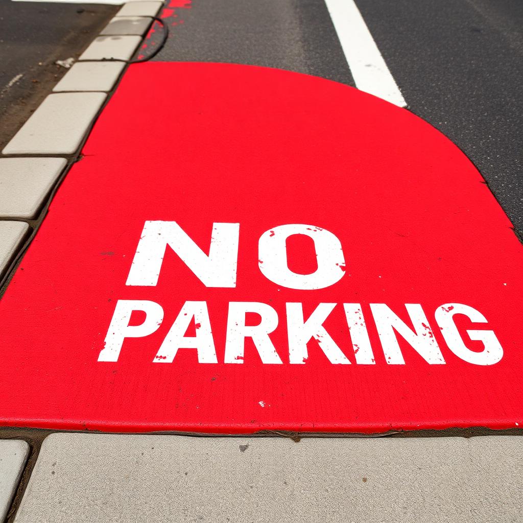 Red painted curb with white No Parking lettering